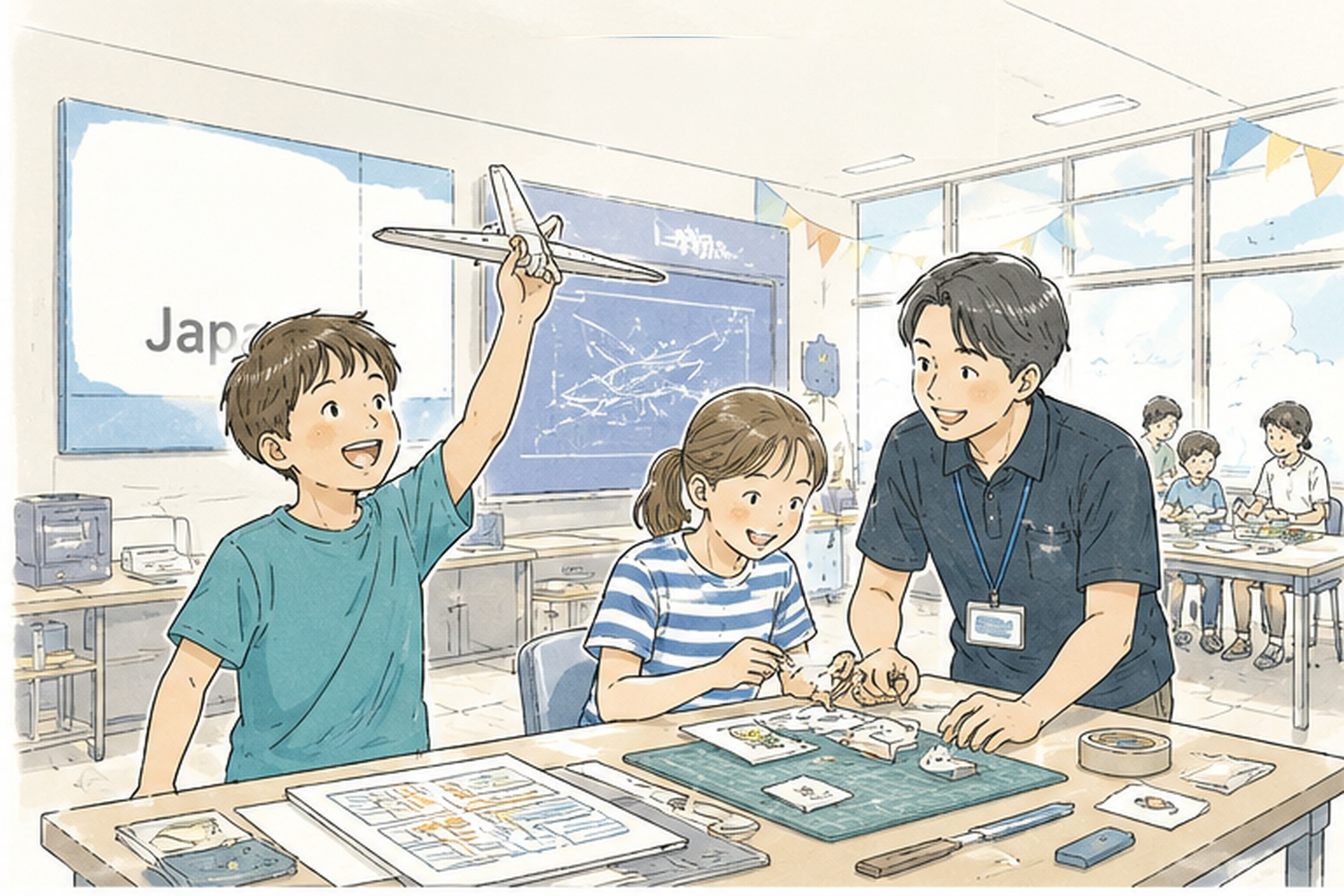 成田空港のNewton in a Box Japanで小学生が航空工学を体験するイラスト