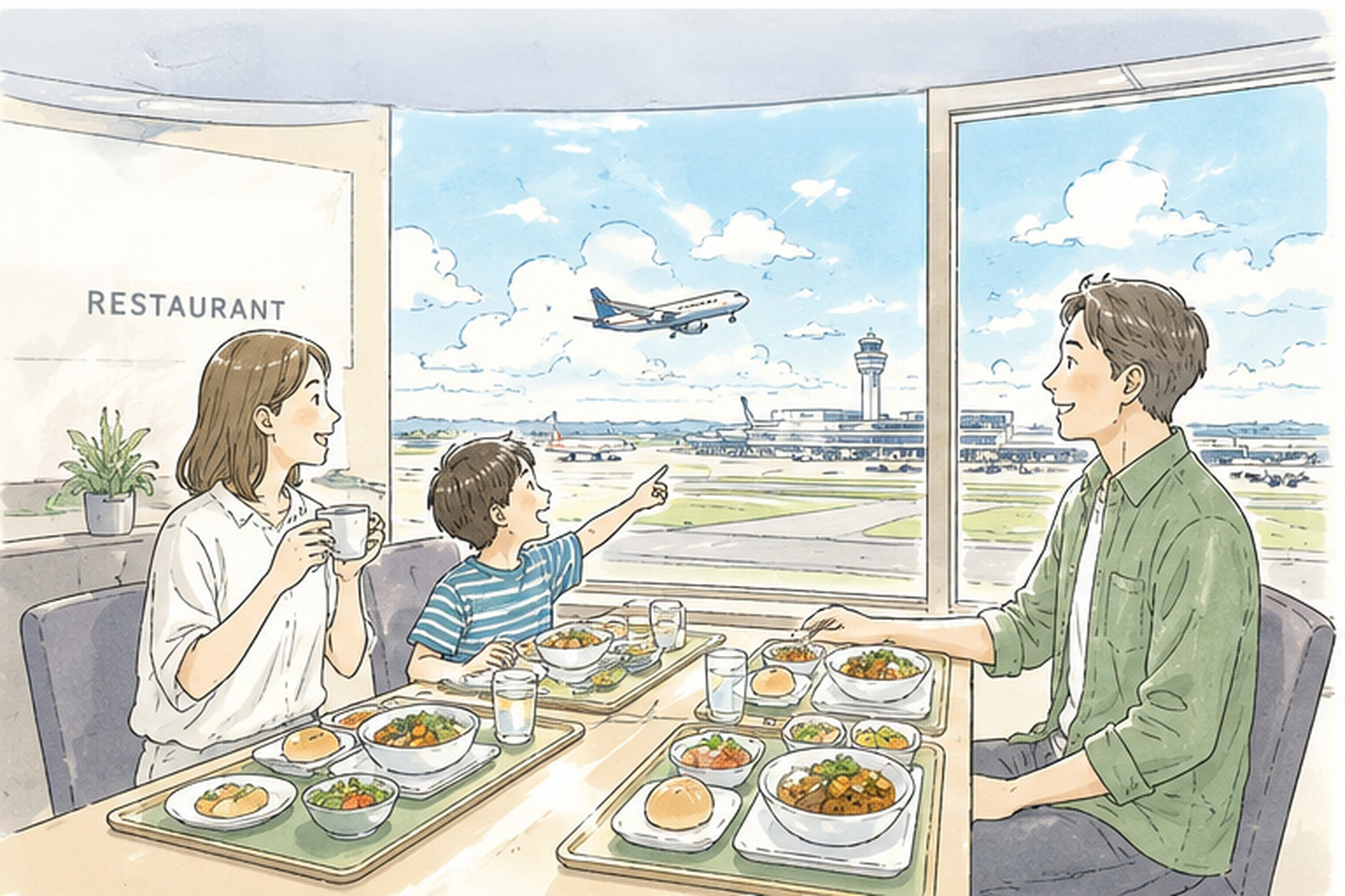 航空科学博物館の展望レストラン バルーンで親子が機内食風ランチを楽しむイラスト