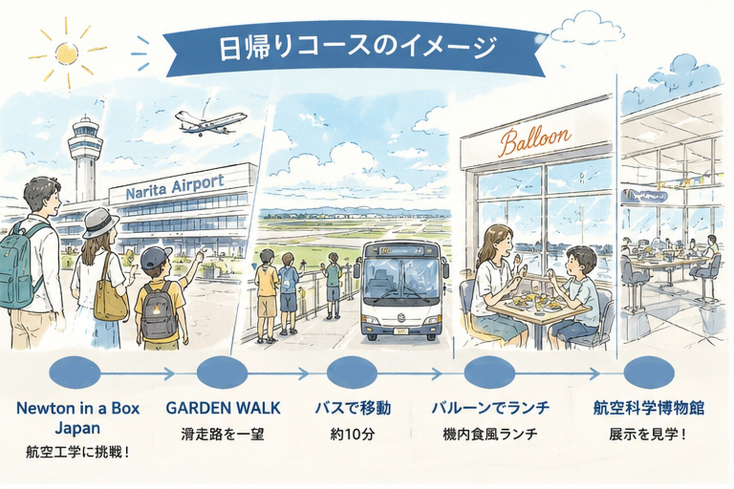 成田空港と航空科学博物館を親子で巡る夏休みの日帰りコースのイラスト