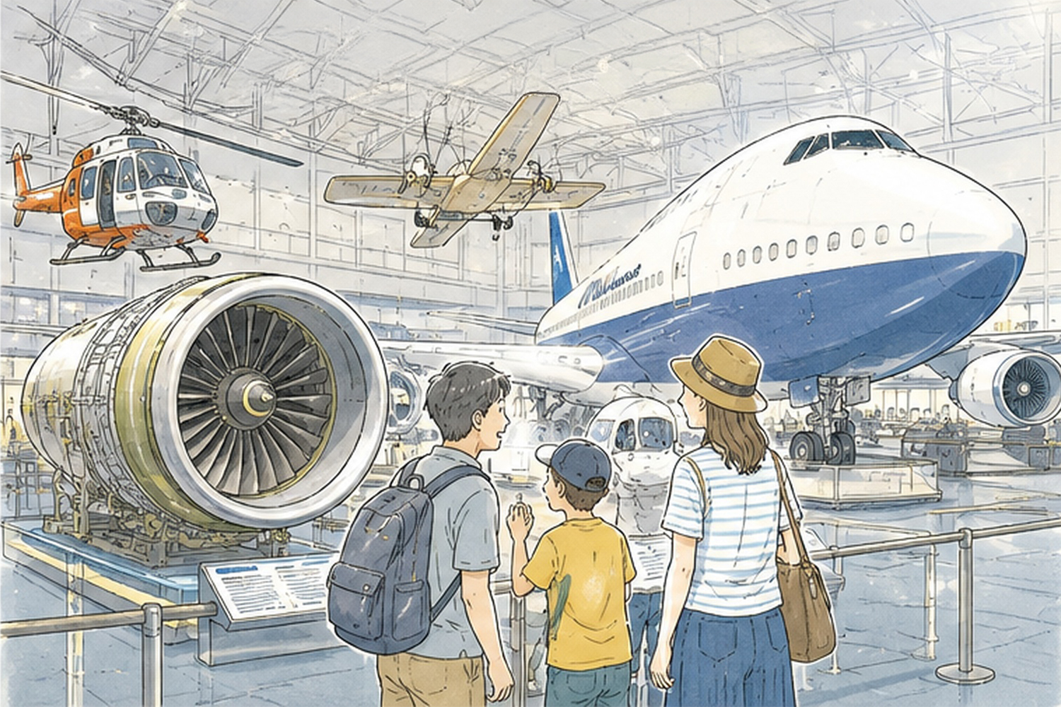 航空科学博物館で親子が航空機やジェットエンジンの展示を見るイラスト
